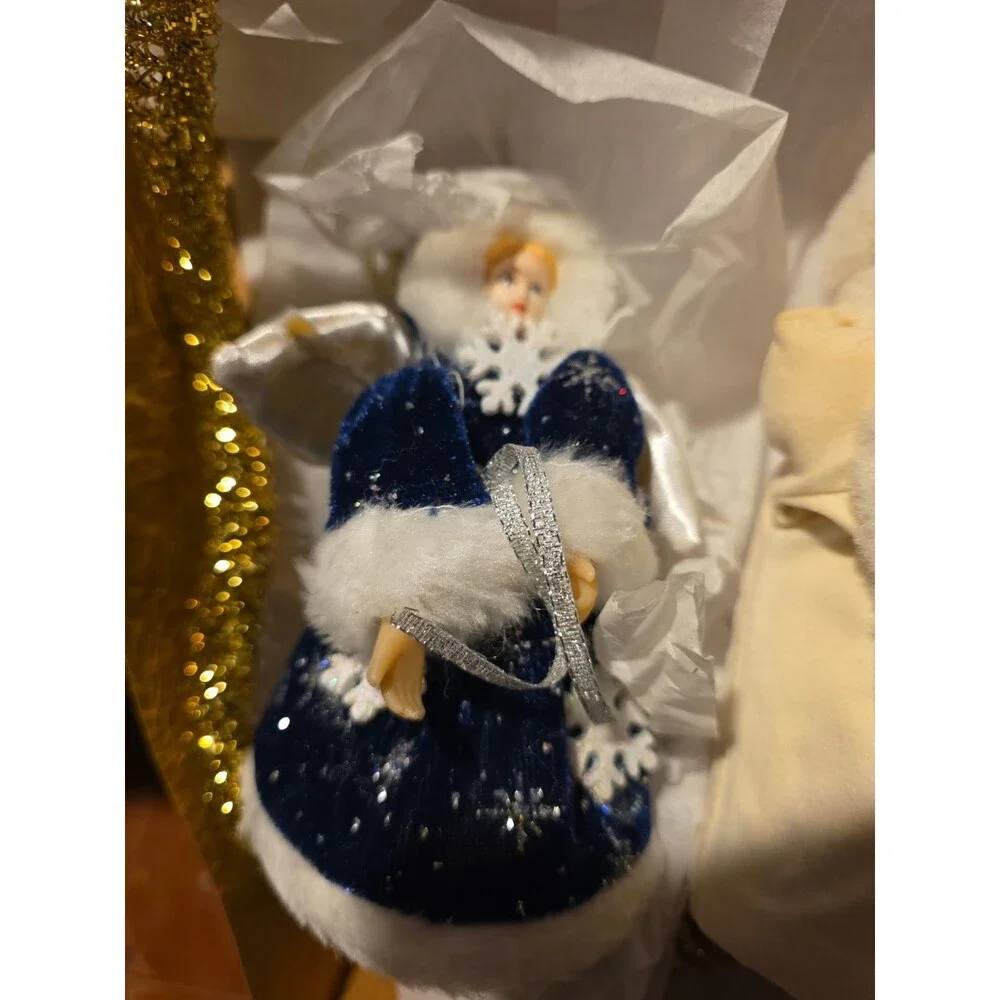 Vintage Christmas Ornament Set of 4 Santa Angel Fabric Faux Fur Gold Hanging
